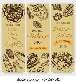 Vector illustration sketch. bread, loaf, baguette, focaccia, pizza. italian bakery house with fresh pastry