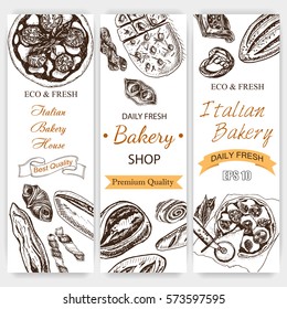 Vector illustration sketch. bread, loaf, baguette, focaccia, pizza. italian bakery house with fresh pastry