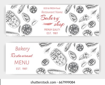 Vector illustration sketch - bread, loaf, baguette, focaccia, pizza. Banner italian bakery house with fresh pastry.