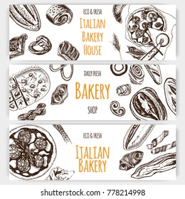 Vector illustration sketch. bread, loaf, baguette, focaccia, pizza. italian bakery house with fresh pastry.