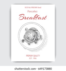 Esbozo de ilustración vectorial - desayuno.
Desayuno de menú de la carta. plantilla de diseño vintage, banner.