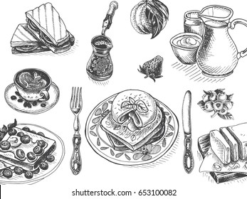 Vector illustration sketch - breakfast.
Card Menu brunch. vintage design template, banner.