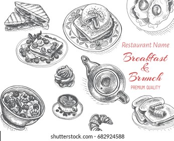 Vector illustration sketch - breakfast. Card Menu brunch. vintage design template, banner.
