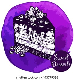 Vector illustration. Sketch cake on watercolor background. Elements for menu design. Purple.