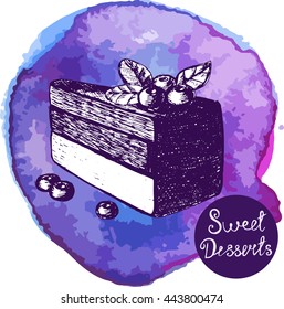 Vector illustration. Sketch cake on watercolor background. Elements for menu design. Lavender color.
