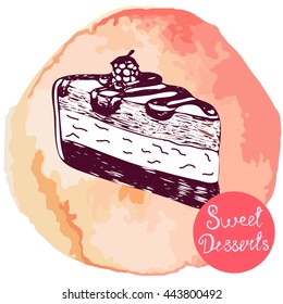 Vector illustration. Sketch cake on watercolor background. Elements for menu design. 
Peach Colour.