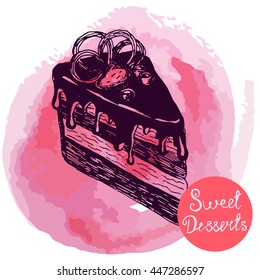 Vector illustration. Sketch cake on watercolor background. Elements for menu design. Pink.