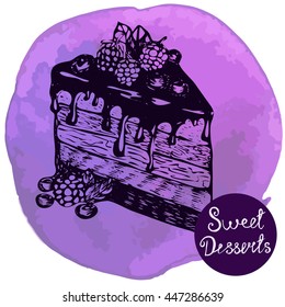 Vector illustration. Sketch cake on watercolor background. Elements for menu design. Purple.