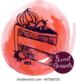 Vector illustration. Sketch cake on watercolor background. Elements for menu design. Red.