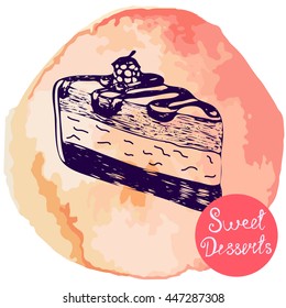 Vector illustration. Sketch cake on watercolor background. Elements for menu design. Peach Color.