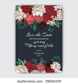 Vector illustration sketch - card with flowers chrysanthemum, peony. Wedding invitation with flower. Dahlias, Ruscus, Viburnum.