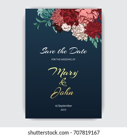 Vector illustration sketch - card with flowers chrysanthemum, peony. Wedding invitation with flower. Dahlias, Ruscus, Viburnum.