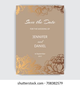 Vector illustration sketch - card with flowers chrysanthemum, peony. Gold floral ornament. Invitation card for wedding with flowers.