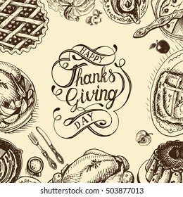 Vector illustration sketch card - Happy Thanksgiving Day
Celebratory dinner - Turkey, pie, casserole, baked potato, tart, cake, sauce, pumpkin