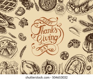 Vector illustration sketch card - Happy Thanksgiving Day
Celebratory dinner - Turkey, pie, casserole, baked potato, tart, cake, sauce, pumpkin, bakery.
cereal, maple leaf, spice