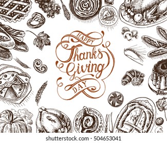 Vector illustration sketch card - Happy Thanksgiving Day
Celebratory dinner - Turkey, pie, casserole, baked potato, tart, cake, sauce, pumpkin, bakery.
cereal, maple leaf, spice