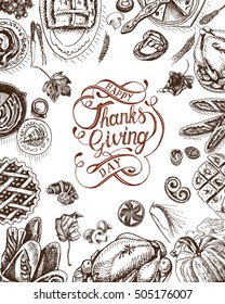 Vector illustration sketch card - Happy Thanksgiving Day
Celebratory dinner - Turkey, pie, casserole, baked potato, tart, cake, sauce, pumpkin, bakery.