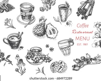 Vector illustration sketch card - herbal tea - breakfast.