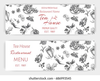 Vector illustration sketch card - herbal tea - breakfast banner.