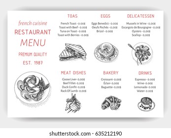 Vector illustration sketch - card menu french restaurant. Banner, brochure french cuisine.