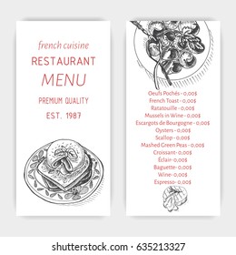Vector illustration sketch - card menu french restaurant. Banner, brochure french cuisine.