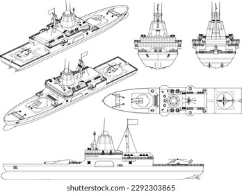 Vector illustration sketch of cartoon aircraft carrier war at sea