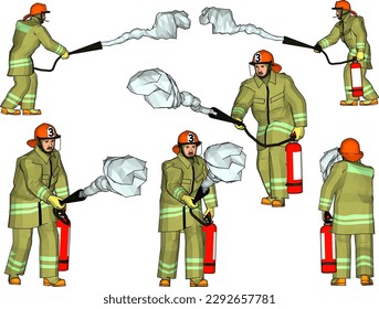 Esbozo de ilustración vectorial del bombero de dibujos animados con extintor de incendios