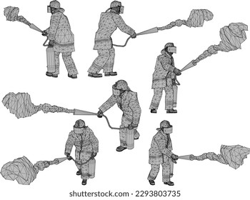 Vector illustration sketch of cartoon firefighter with fire extinguisher