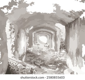 Vector illustration of a sketch of a cave passage, an old building