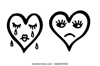 Vector illustration of sketch character heart.  Sad and crying heart emoticon. Two hearts.