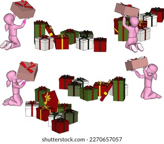 Esbozo de ilustración vectorial de regalos de apertura de niños alegres