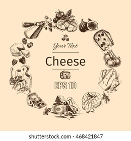 Vector illustration sketch - cheese.
provolone, cheddar, edam, Parmigiano, cheddar, parmesan, camembert, brie, mozzarella
