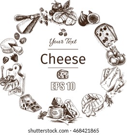 Vector illustration sketch - cheese.
provolone, cheddar, edam, Parmigiano, cheddar, parmesan, camembert, brie, mozzarella
