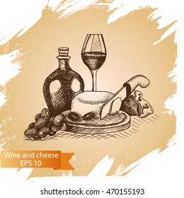 Vector illustration sketch - cheese and wine.
provolone, cheddar, edam, cheddar, parmesan, camembert, mozzarella