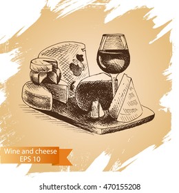 Vector illustration sketch - cheese and wine.
provolone, cheddar, edam, cheddar, parmesan, camembert, mozzarella