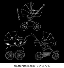 Vector illustration of sketch children white pram with text on black background