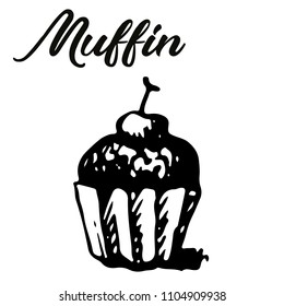Vector illustration sketch of chocolate muffin with cherry and lettering in black ink