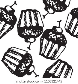 Vector illustration sketch of chocolate muffin with cherry and lettering in black ink pattern