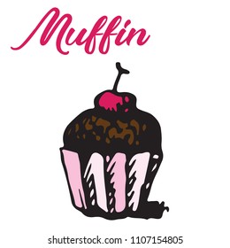 Vector illustration sketch of chocolate muffin with cherry and lettering