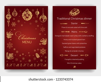 Vector illustration sketch christmas menu. Holiday banner. Template with hand drawn Decorations graphic. Happy New Year Card.