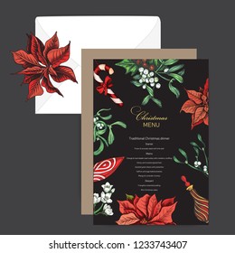 Vector illustration sketch christmas menu. Holiday banner. Template with hand drawn Decorations graphic. Happy New Year Card.