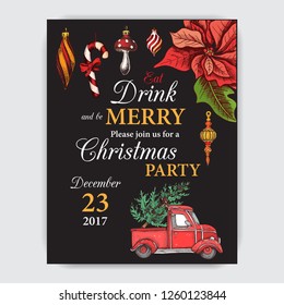 Vector illustration sketch christmas menu. Holiday banner. Happy New Year Card.