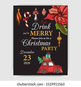 Vector illustration sketch christmas menu. Holiday banner. Happy New Year Card.