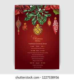 Vector illustration sketch christmas party invitation with toys. Holiday background and design banner or poster. Template with hand-drawn Decorations graphic. Happy New Year Card