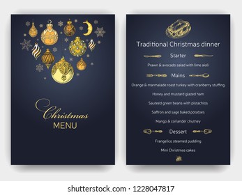 Vector illustration sketch christmas party invitation with toys. Holiday background and design banner or poster. Template with hand-drawn Decorations graphic. Happy New Year Card