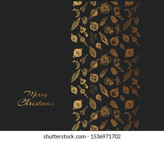 Vector illustration sketch christmas party invitation with toys. Holiday background and design banner or poster. Template with hand-drawn Decorations graphic. Happy New Year Card.