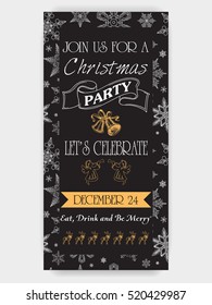 Vector illustration sketch christmas party invitation with toys. Holiday background and design banner or poster. Template with hand-drawn Decorations graphic. Happy New Year Card