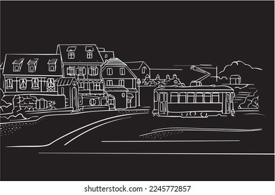Vector illustration sketch city view with tram, trees, buildings, black background