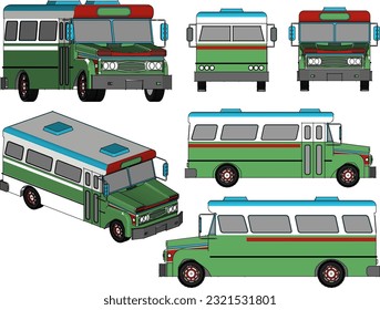 Esbozo de ilustración vectorial de la caricatura clásica del coche antiguo de transporte de autobús
