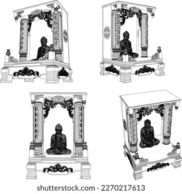 Vector illustration sketch of classic wooden worship altar with buddha